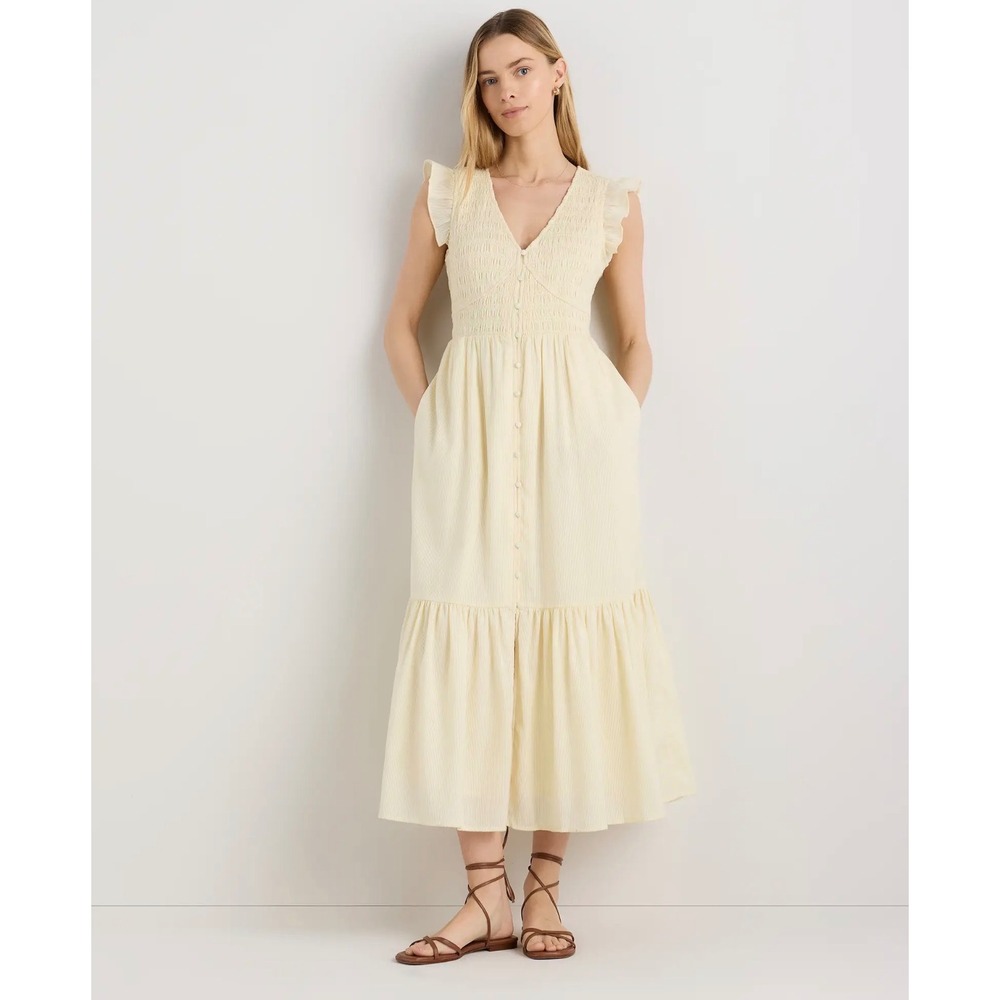 NWT Quince Organic Cotton Smocked V-Neck Midi Dress Pale Custard Yellow M